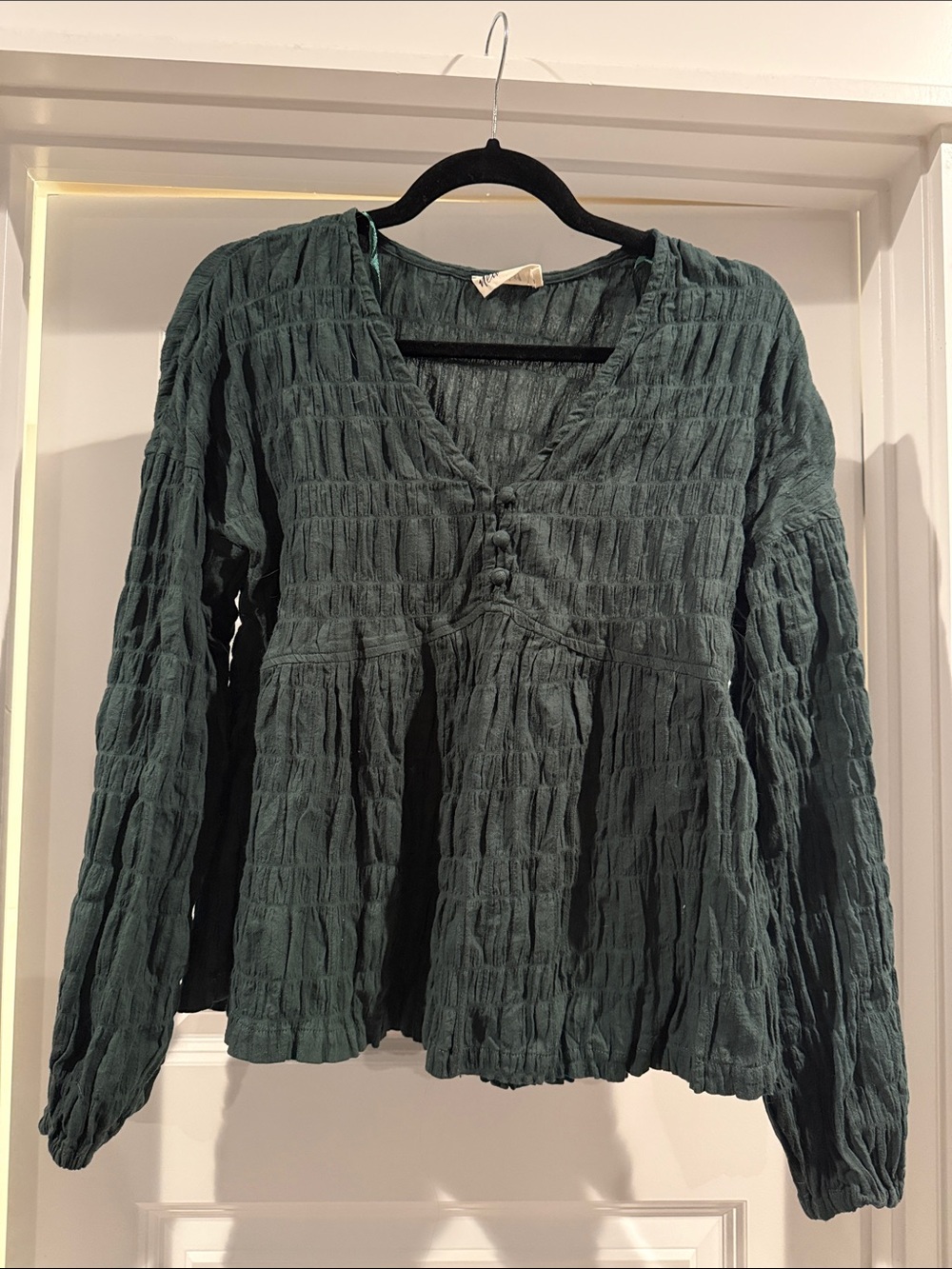 Textured V-Neck Long Sleeve Blouse - Evergreen